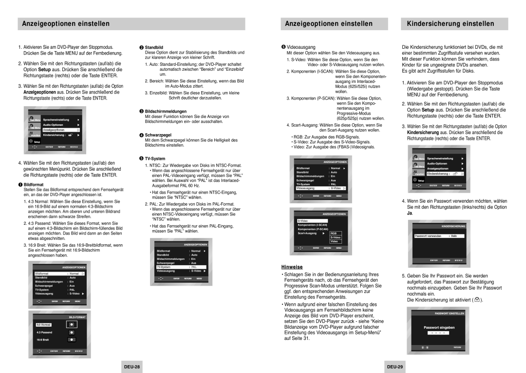 Samsung DVD-P345/XEG manual Anzeigeoptionen einstellen Kindersicherung einstellen, Videoausgang 