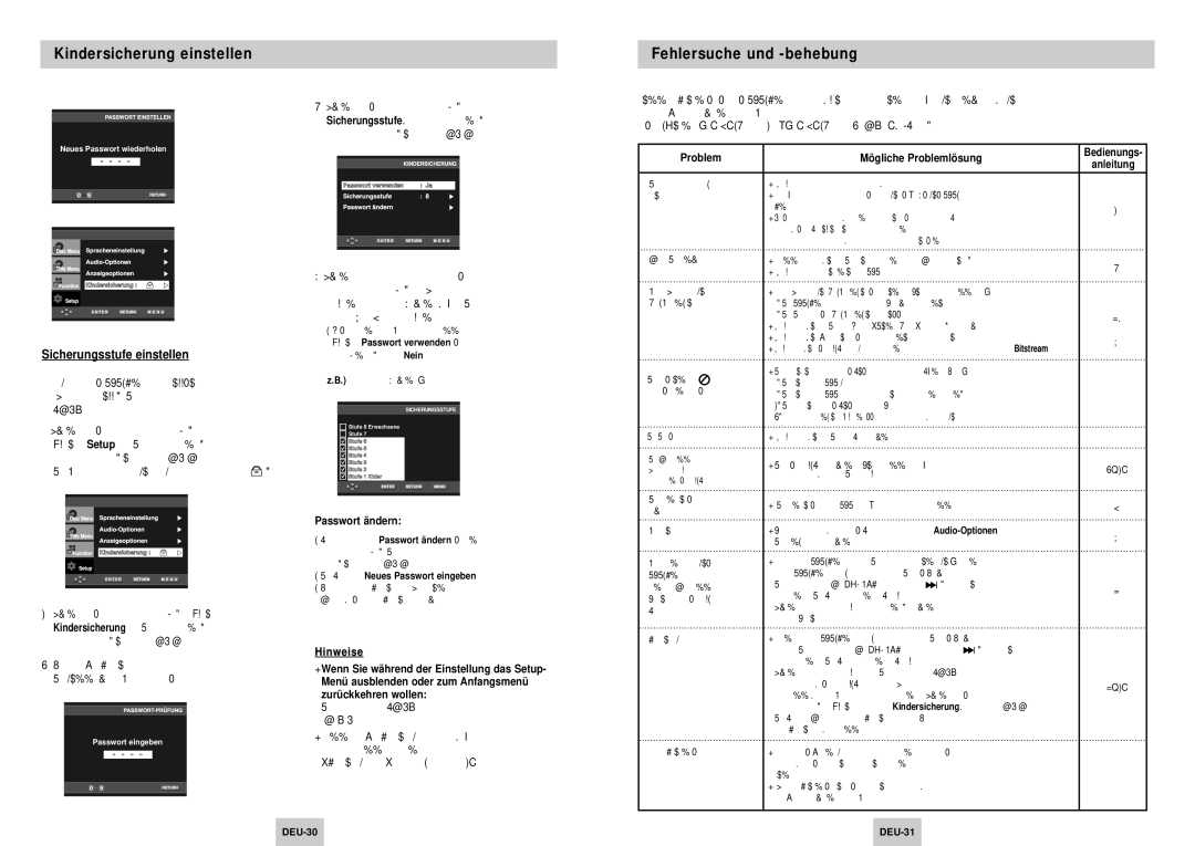 Samsung DVD-P345/XEG manual Fehlersuche und -behebung, Sicherungsstufe einstellen 