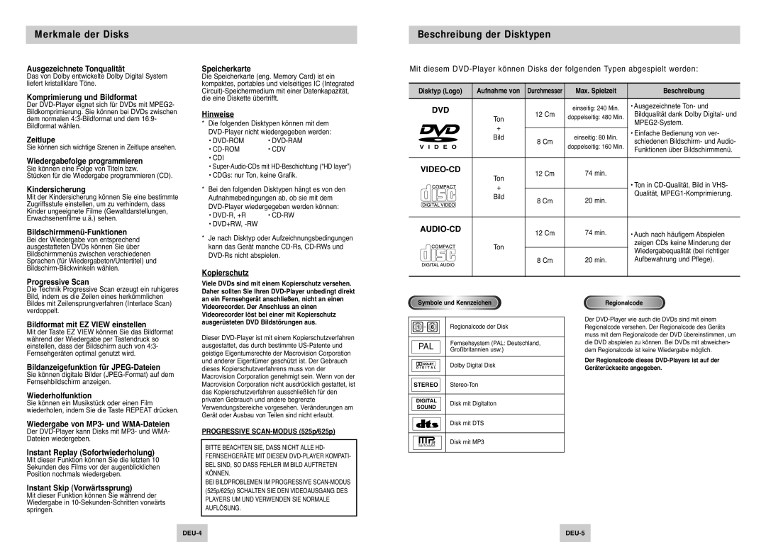 Samsung DVD-P345/XEG manual Merkmale der Disks, Beschreibung der Disktypen 