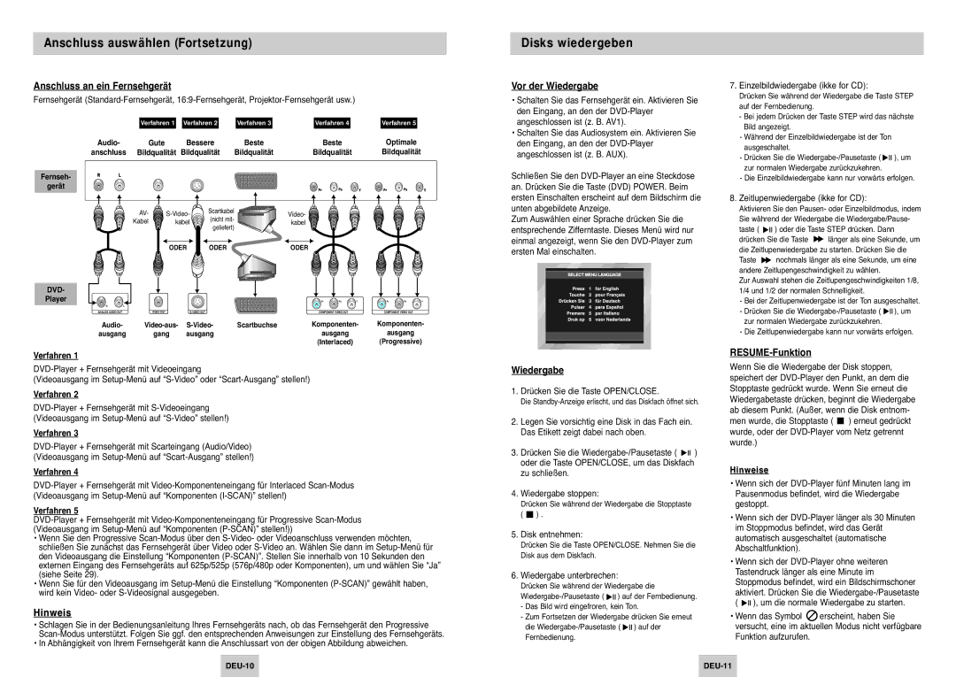 Samsung DVD-P345/XEG manual Anschluss auswählen Fortsetzung, Disks wiedergeben 