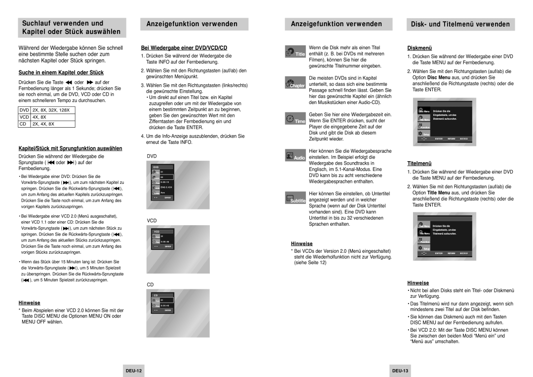 Samsung DVD-P345/XEG Suche in einem Kapitel oder Stück, Kapitel/Stück mit Sprungfunktion auswählen, Diskmenü, Titelmenü 