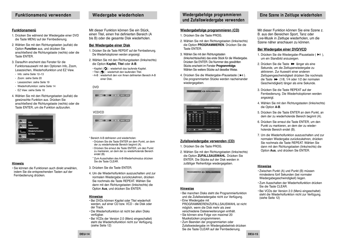 Samsung DVD-P345/XEG manual Funktionsmenü verwenden Wiedergabe wiederholen, Eine Szene in Zeitlupe wiederholen 