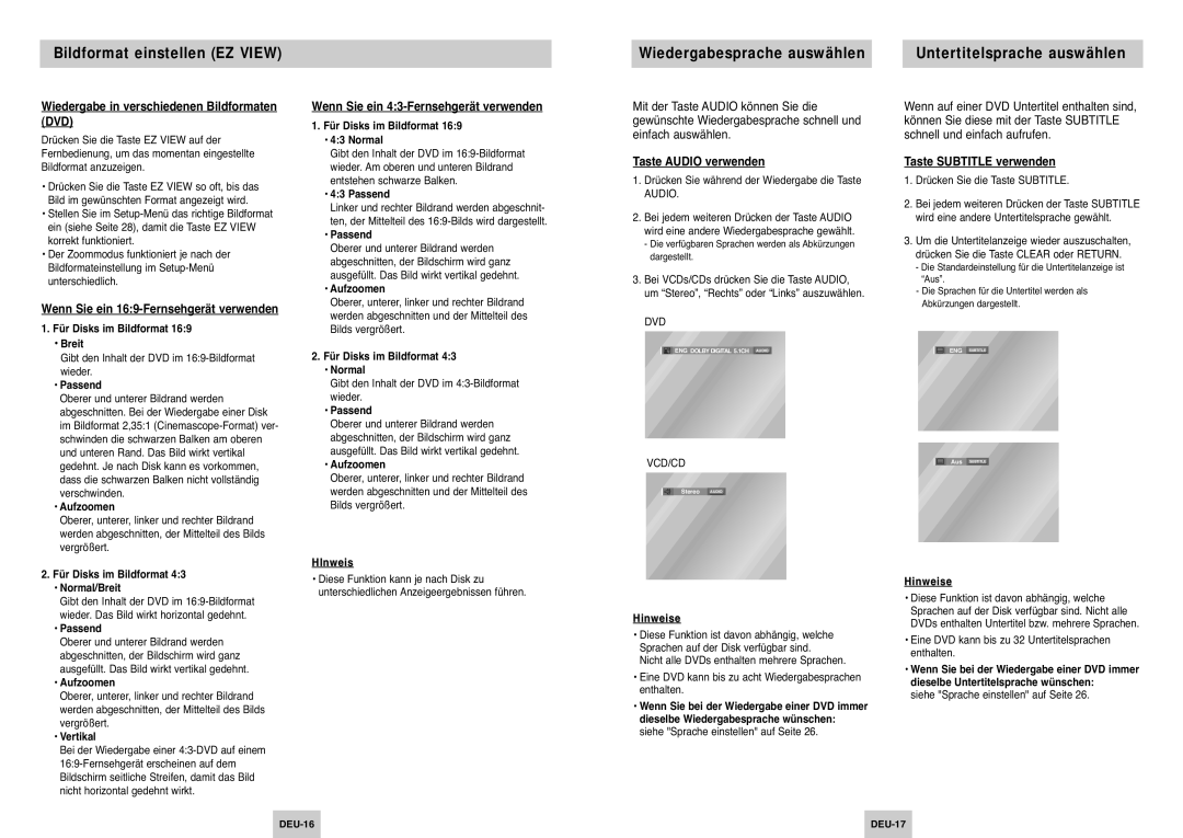 Samsung DVD-P345/XEG manual Bildformat einstellen EZ View, Untertitelsprache auswählen 