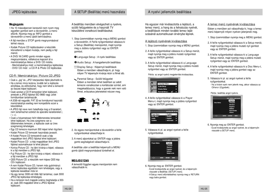 Samsung DVD-P345/XEH Nyelvi jellemzôk beállítása, Setup Beállítás menü használata, CD-R / Memóriakártya / Picture CD Jpeg 