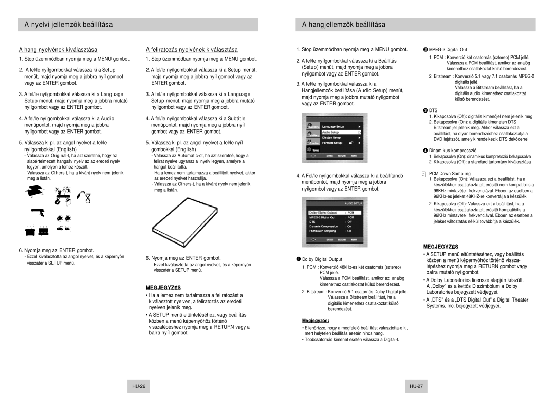 Samsung DVD-P345/XEL manual Hangjellemzôk beállítása, Hang nyelvének kiválasztása, Stop üzemmódban nyomja meg a Menu gombot 