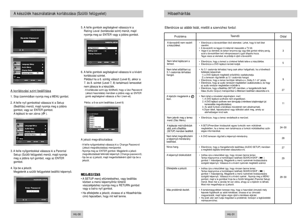 Samsung DVD-P345/XEL, DVD-P345/XEH manual Korlátozási szint beállítása, Jelszó megváltoztatása, Probléma, Teendô, Oldal 