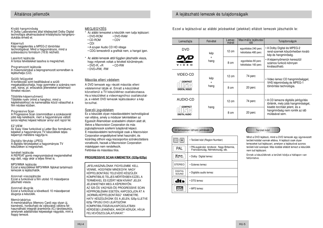 Samsung DVD-P345/XEH, DVD-P345/XEL manual Általános jellemzôk, Lejátszható lemezek és tulajdonságaik, Másolás elleni védelem 