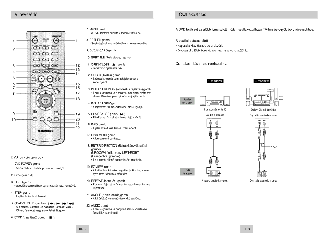 Samsung DVD-P345/XEH manual Távvezérlô, Csatlakoztatás elôtt, Csatlakoztatás audio rendszerhez, DVD funkció gombok 