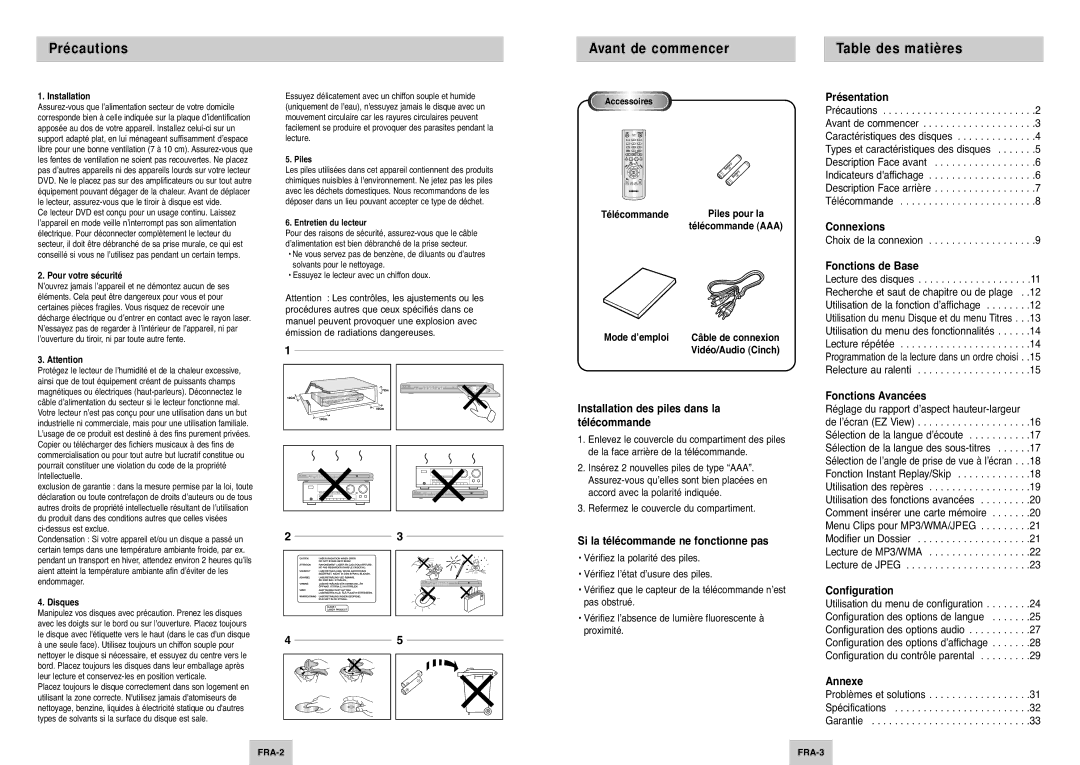 Samsung DVD-P345/XEL manual Précautions, Avant de commencer, Table des matières 