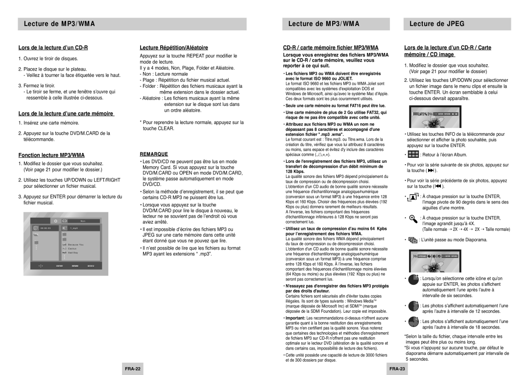 Samsung DVD-P345/XEL manual Lecture de MP3/WMA Lecture de Jpeg, Lors de la lecture d’un CD-R, Mémoire / CD image 