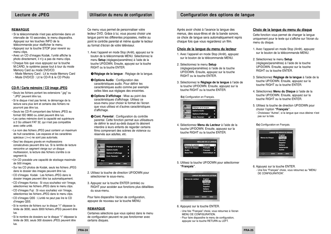 Samsung DVD-P345/XEL manual Configuration des options de langue, Utilisation du menu de configuration 