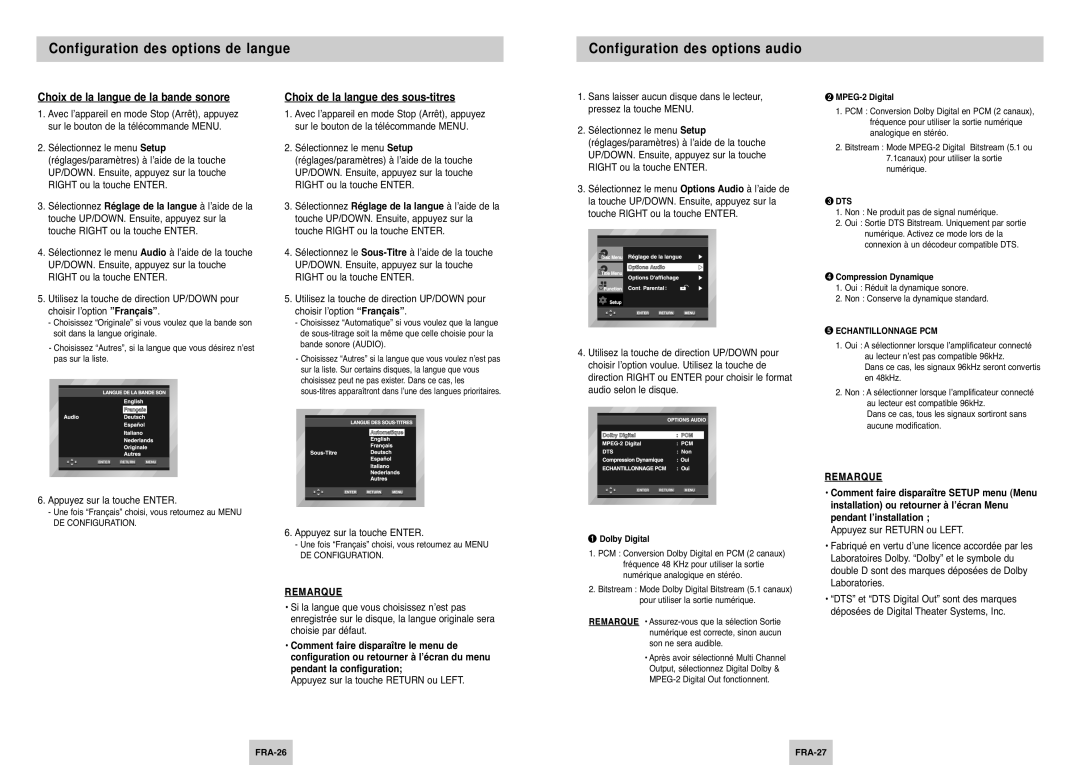 Samsung DVD-P345/XEL manual Choix de la langue de la bande sonore, Choix de la langue des sous-titres 