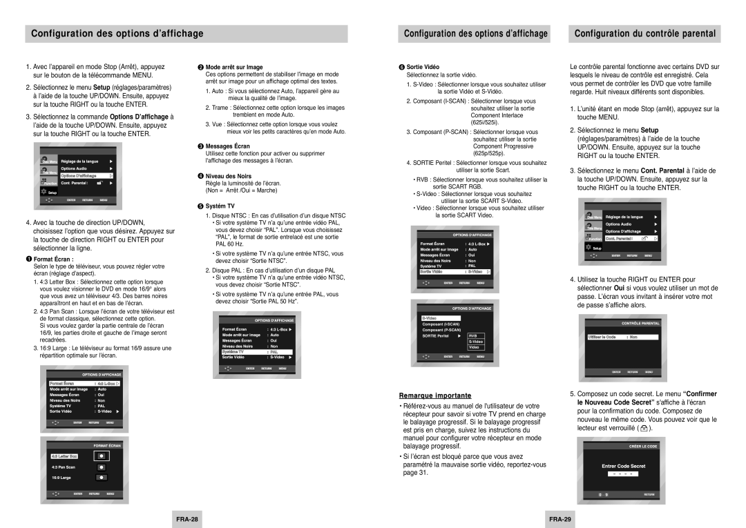 Samsung DVD-P345/XEL Configuration des options d’affichage, ’unité étant en mode Stop arrêt, appuyez sur la touche Menu 