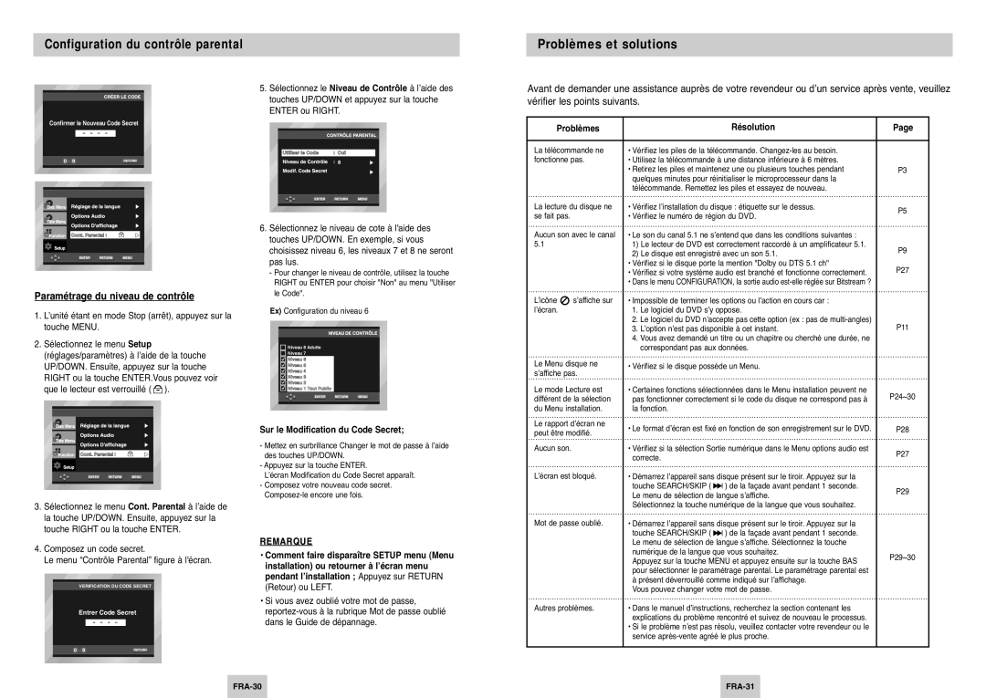 Samsung DVD-P345/XEL manual Configuration du contrôle parental Problèmes et solutions, Paramétrage du niveau de contrôle 