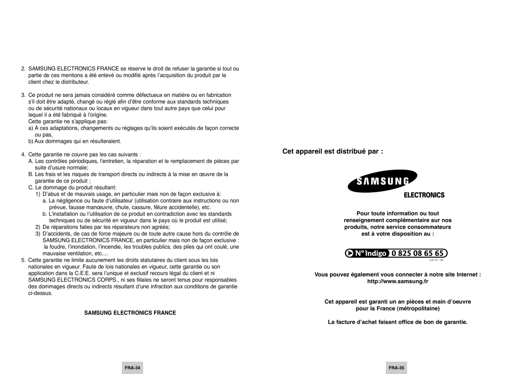 Samsung DVD-P345/XEL manual Cet appareil est distribué par, FRA-34 FRA-35 