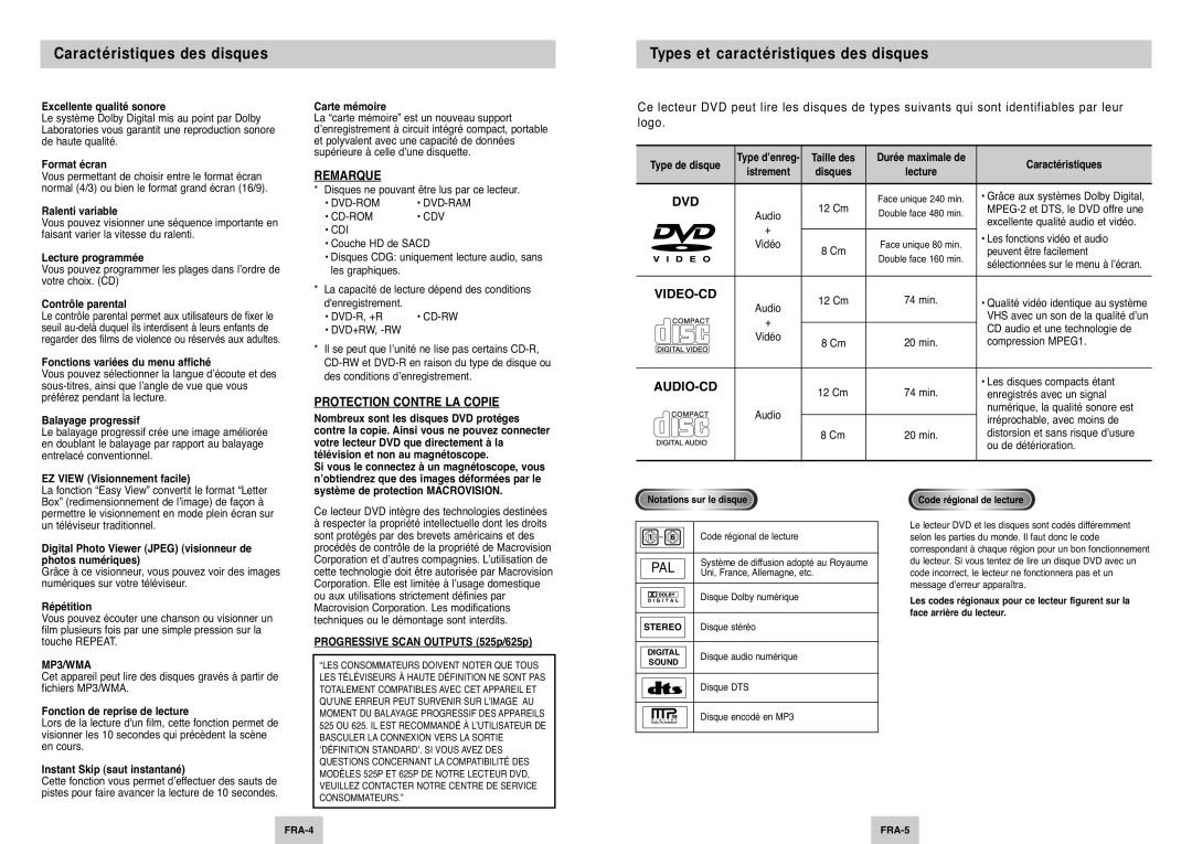 Samsung DVD-P345/XEL manual Caractéristiques des disques, Types et caractéristiques des disques 