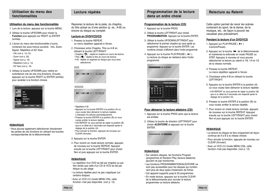 Samsung DVD-P345/XEL manual Utilisation du menu des fonctionnalités, Lecture répétée, Relecture au Ralenti 