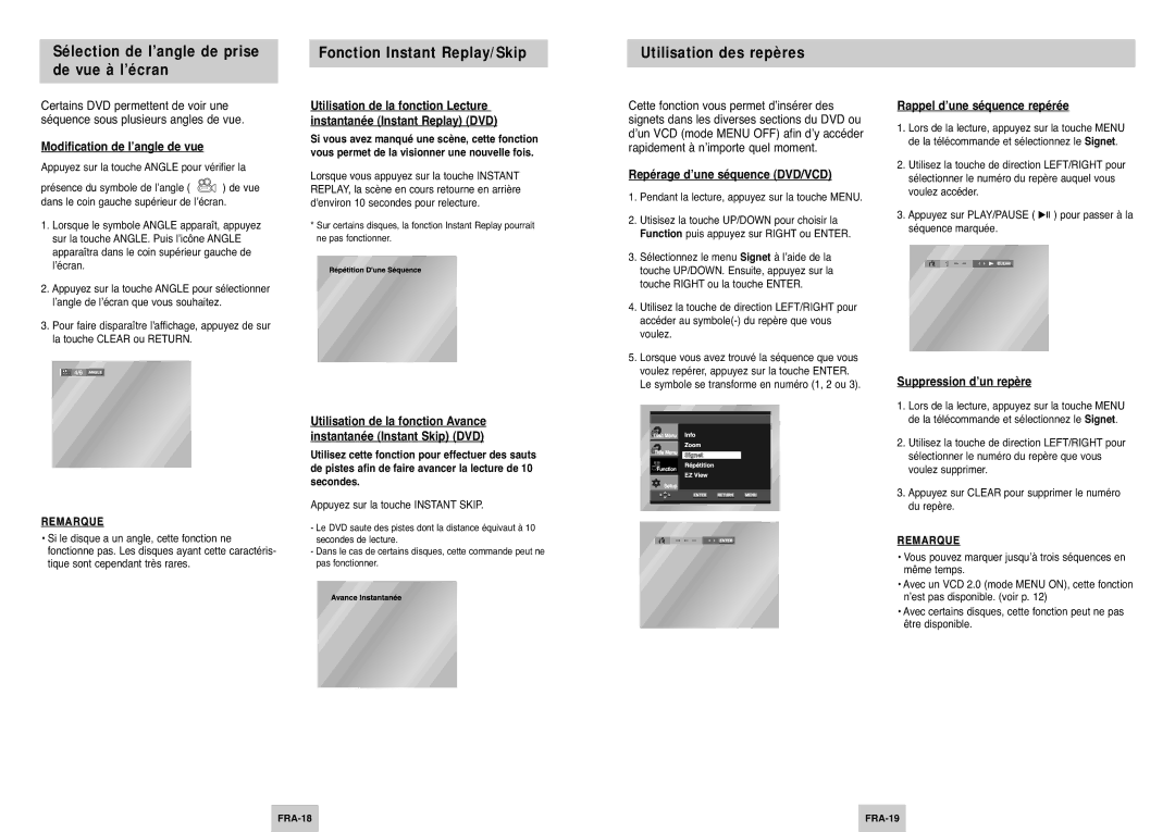 Samsung DVD-P345/XEL Sélection de l’angle de prise de vue à l’écran, Fonction Instant Replay/Skip, Utilisation des repères 