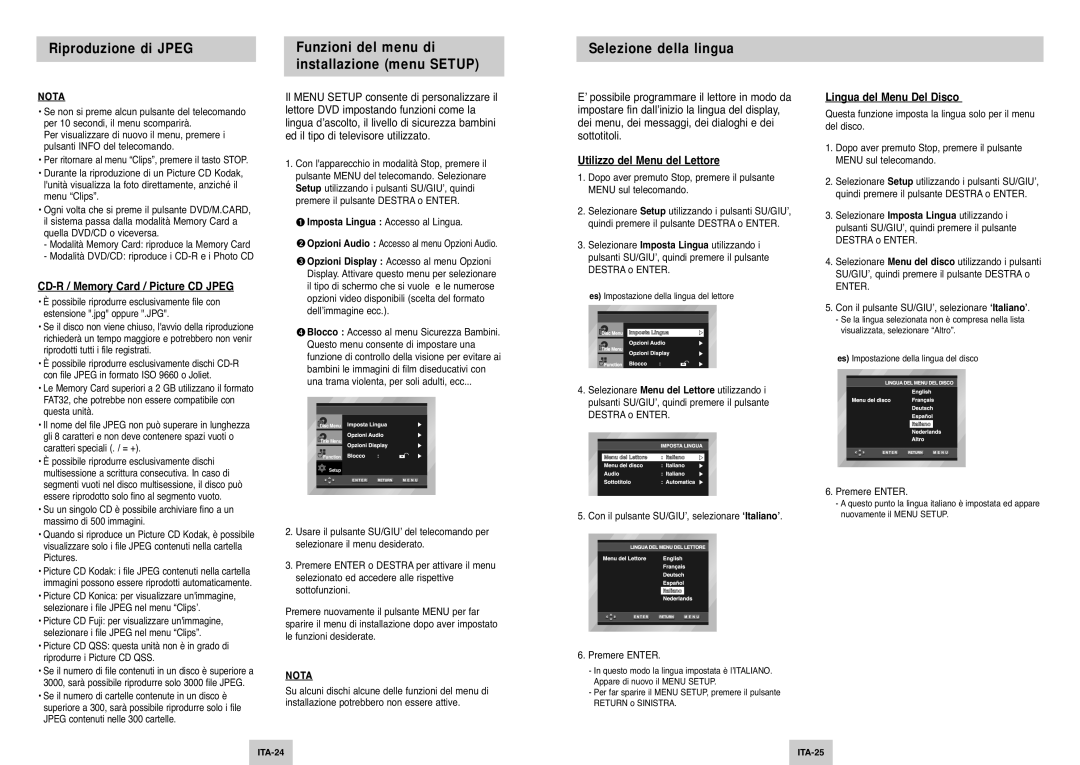 Samsung DVD-P345/XET manual Selezione della lingua, CD-R / Memory Card / Picture CD Jpeg, Utilizzo del Menu del Lettore 