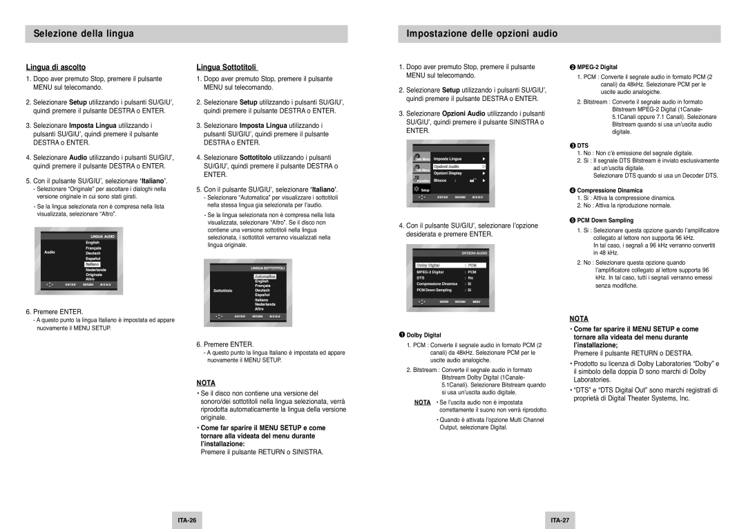 Samsung DVD-P345/XET manual Selezione della lingua Impostazione delle opzioni audio, Lingua di ascolto, Lingua Sottotitoli 