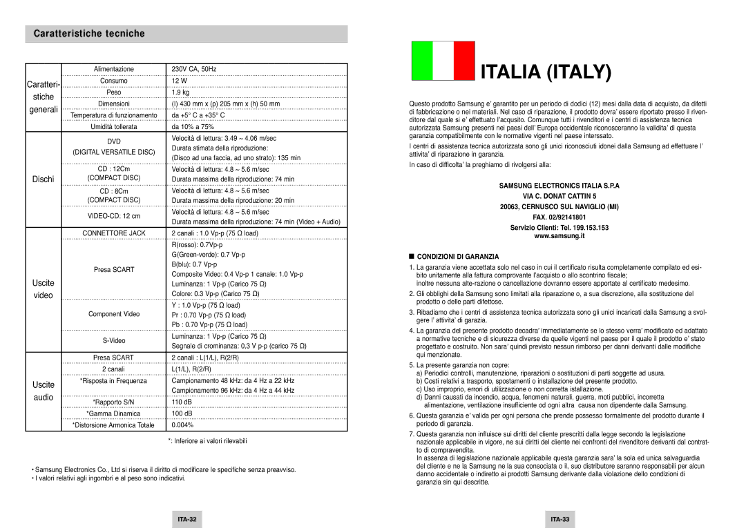 Samsung DVD-P345/XET manual Caratteristiche tecniche, FAX /92141801 Servizio Clienti Tel, Condizioni DI Garanzia 