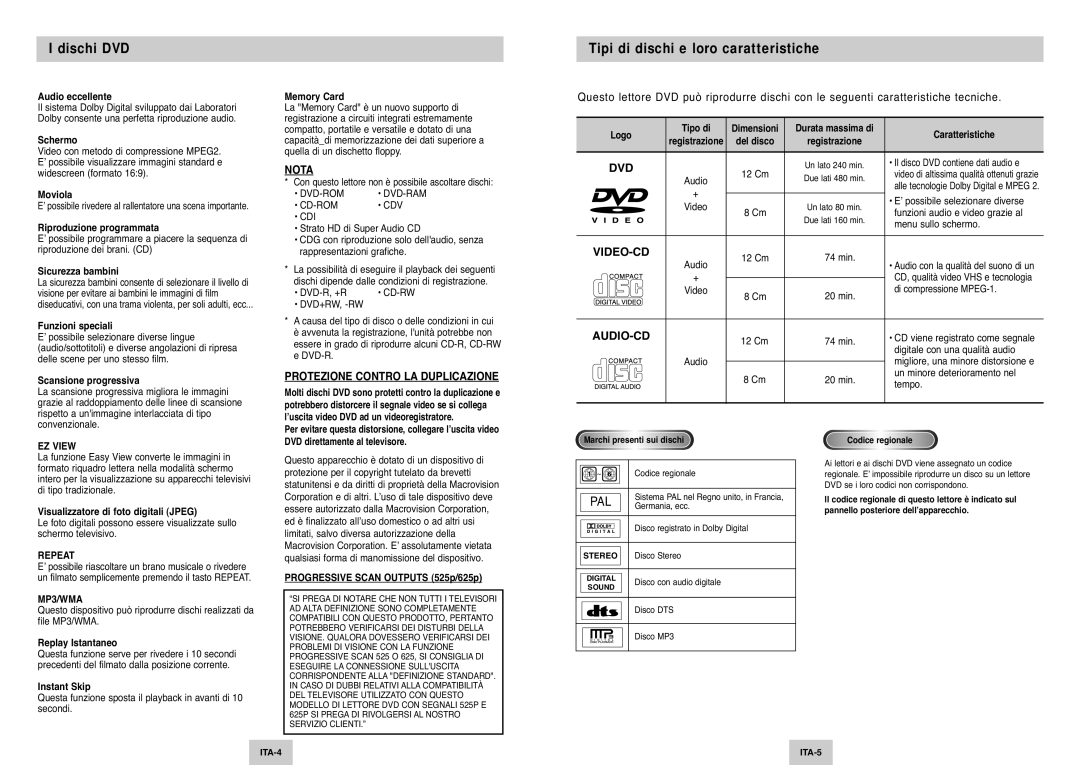 Samsung DVD-P345/XET manual Dischi DVD, Tipi di dischi e loro caratteristiche, EZ View, Repeat, MP3/WMA 