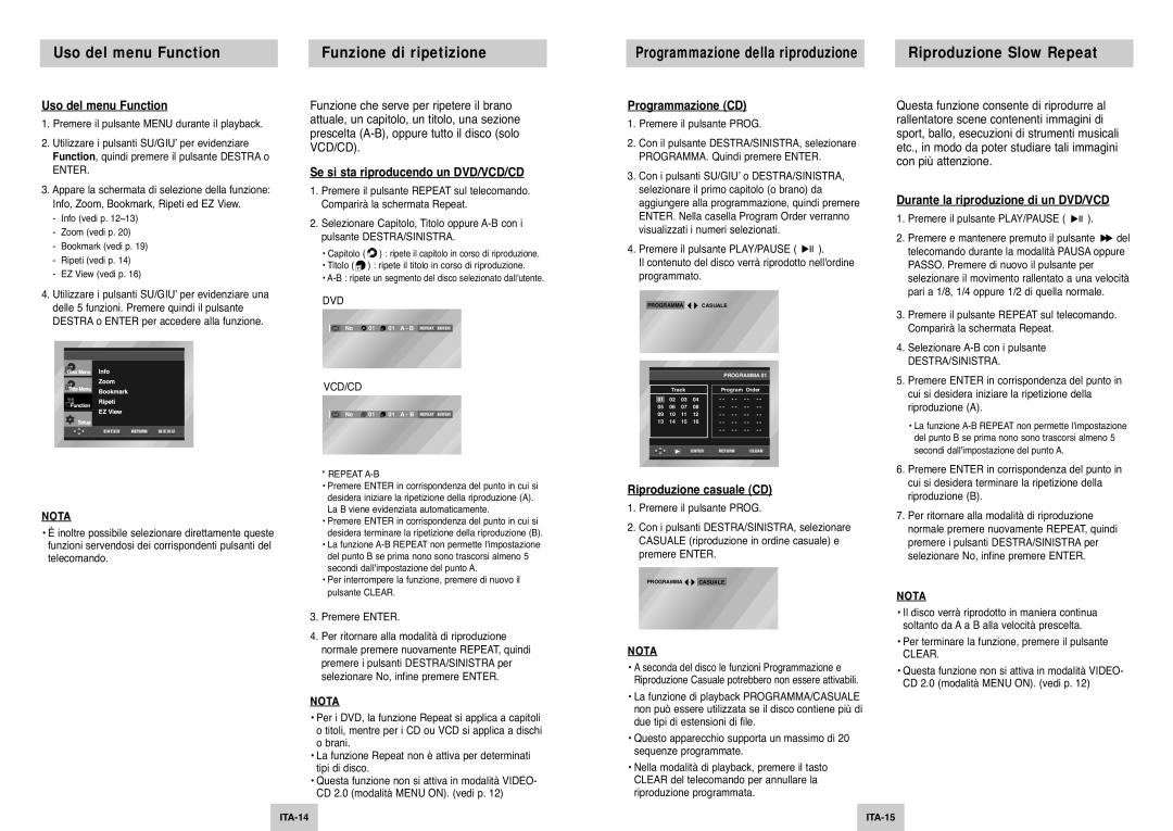 Samsung DVD-P345/XET manual Uso del menu Function, Funzione di ripetizione, Riproduzione Slow Repeat 