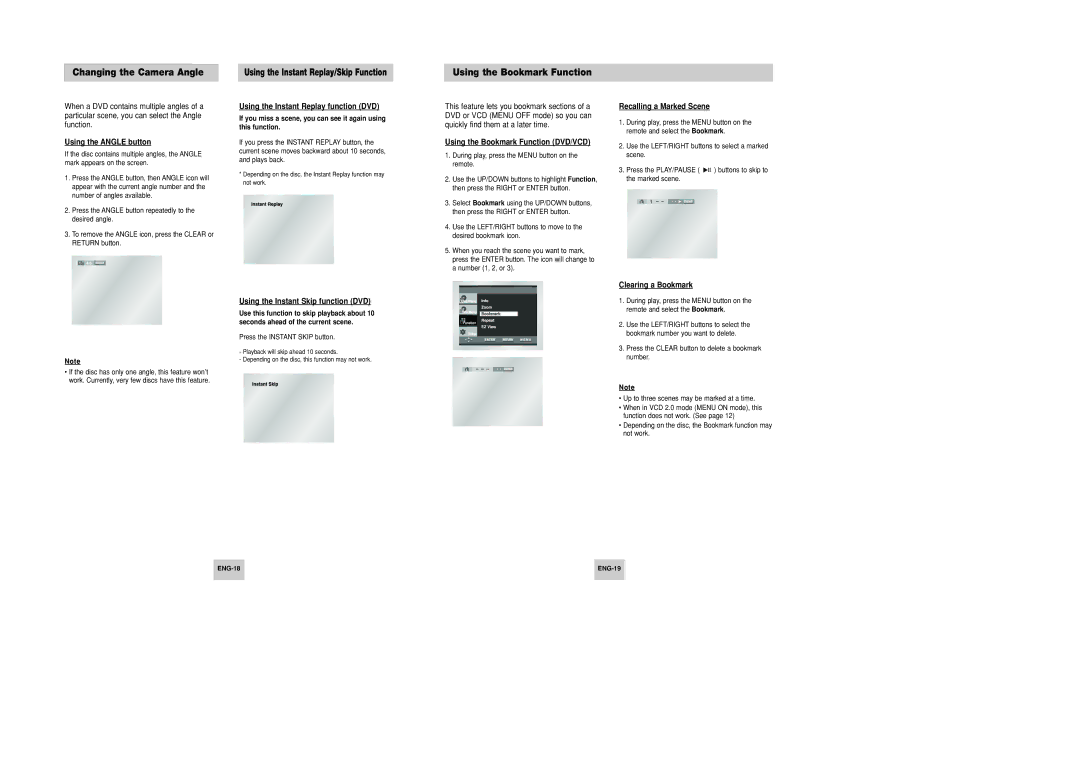 Samsung DVD-P346 manual Changing the Camera Angle, Using the Bookmark Function 