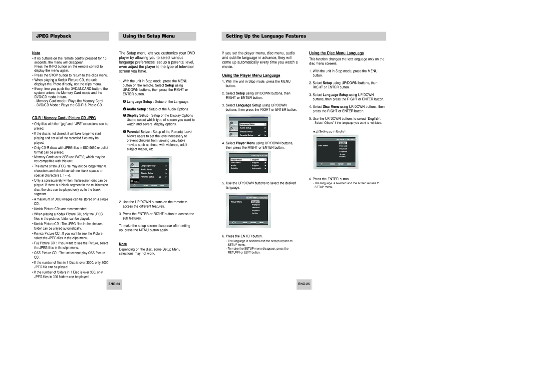 Samsung DVD-P346 manual Using the Player Menu Language Using the Disc Menu Language, CD-R / Memory Card / Picture CD Jpeg 