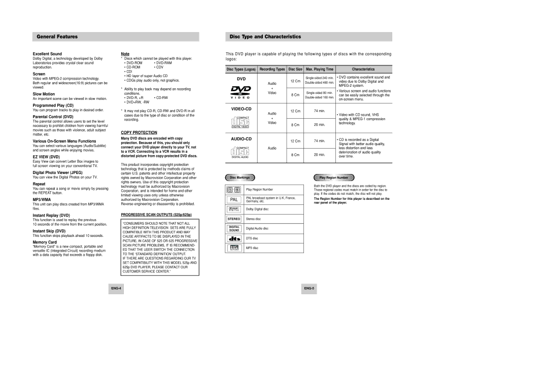 Samsung DVD-P346 manual General Features, Disc Type and Characteristics 