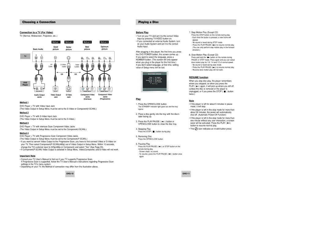 Samsung DVD-P346 manual Playing a Disc, Connection to a TV For Video, Before Play, Resume function 