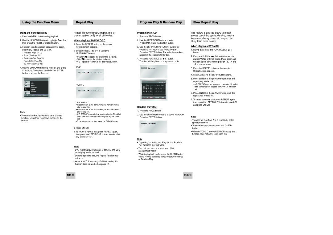 Samsung DVD-P346 manual Using the Function Menu, Program Play CD, Random Play CD, When playing a DVD/VCD 