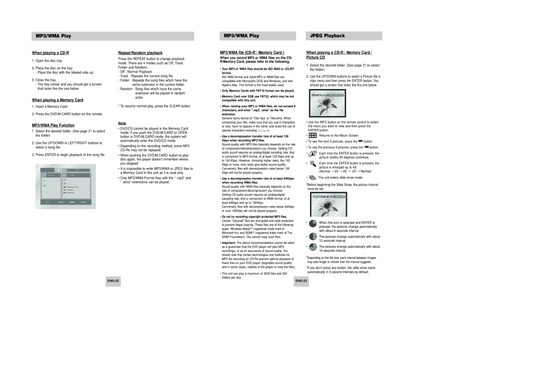 Samsung DVD-P346 manual JPEG Playback, MP3/WMA Play Function, Repeat/Random playback, MP3/WMA file CD-R / Memory Card 