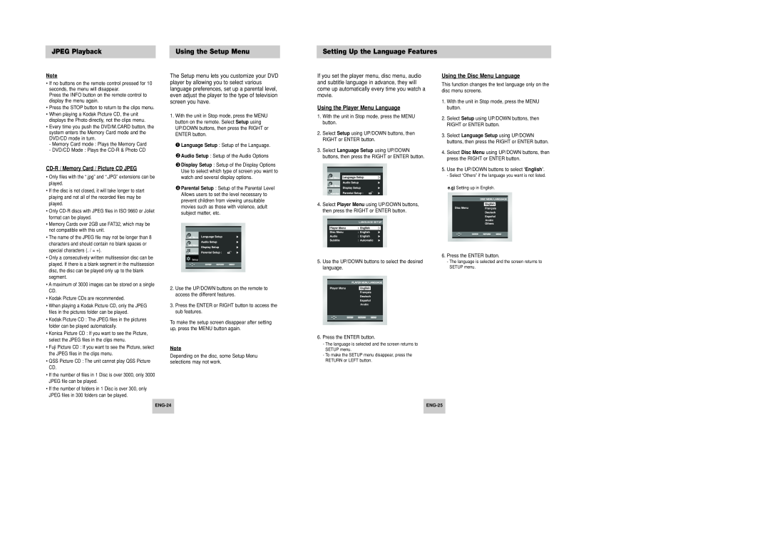 Samsung DVD-P346 Using the Setup Menu, Setting Up the Language Features, Using the Player Menu Language, JPEG Playback 