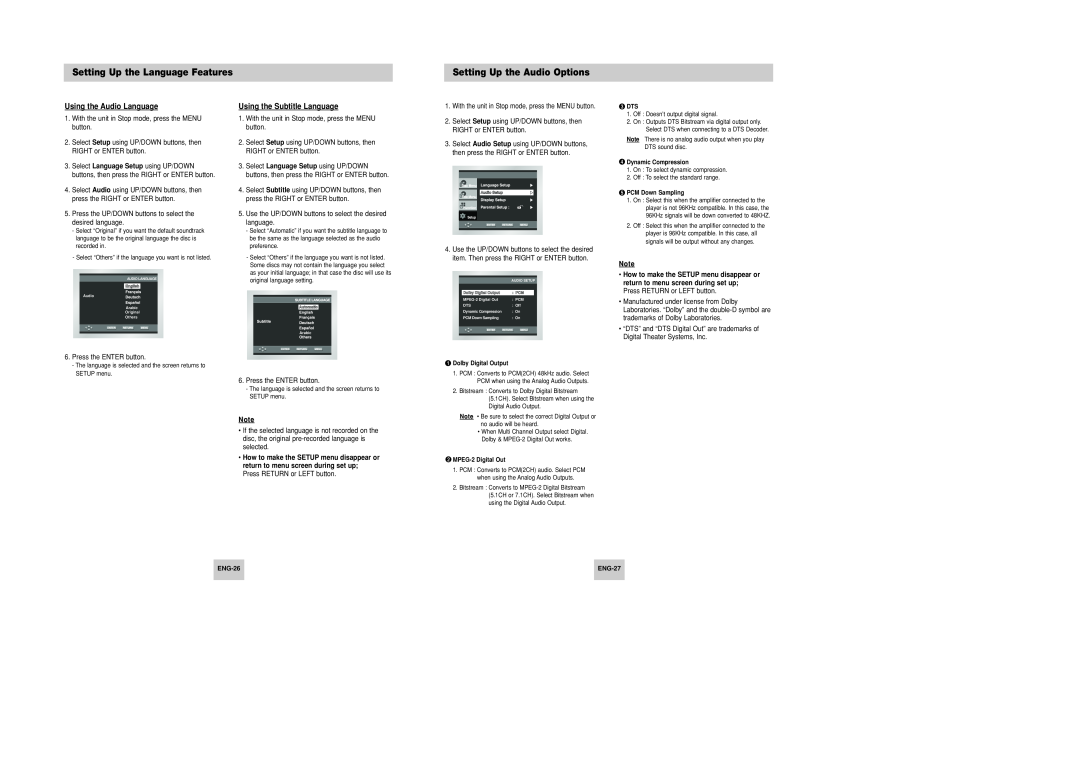 Samsung DVD-P346 manual Setting Up the Audio Options, Using the Audio Language, Using the Subtitle Language, ENG-26, ENG-27 