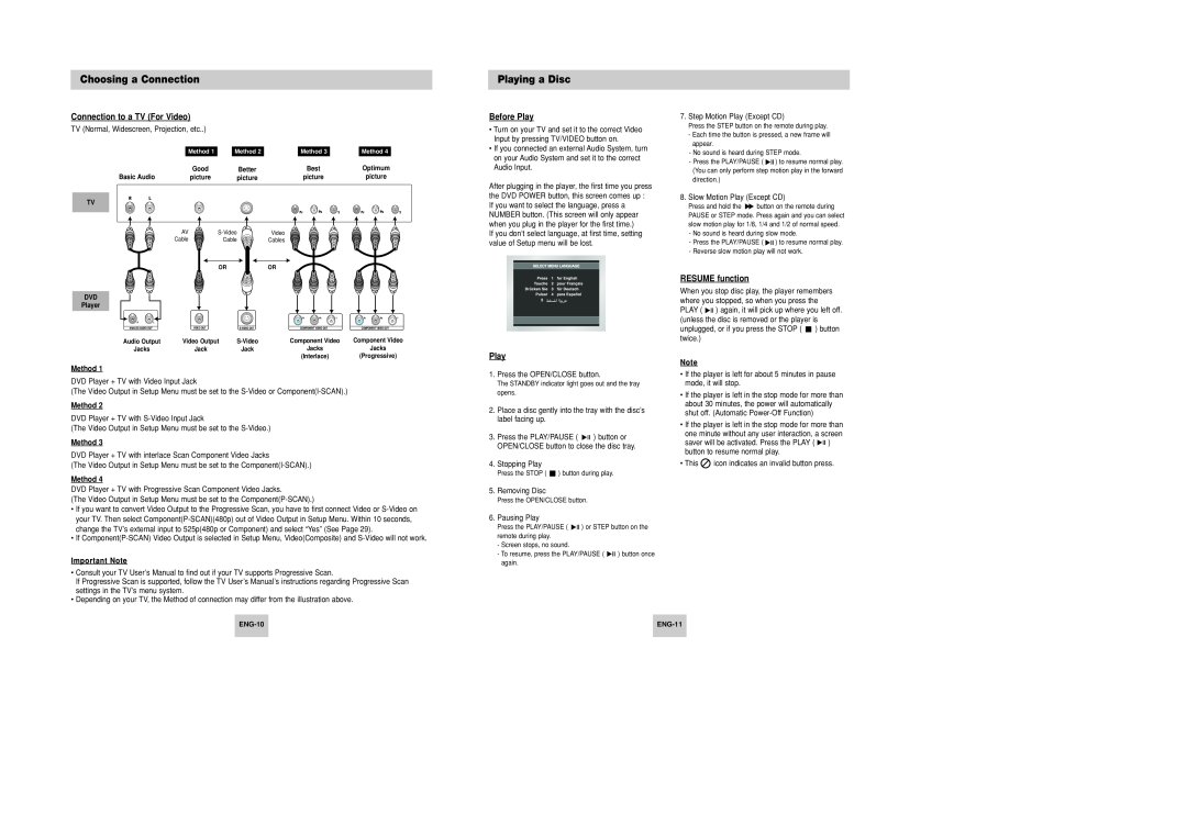 Samsung DVD-P346 manual Playing a Disc, Connection to a TV For Video, Before Play, RESUME function, Choosing a Connection 