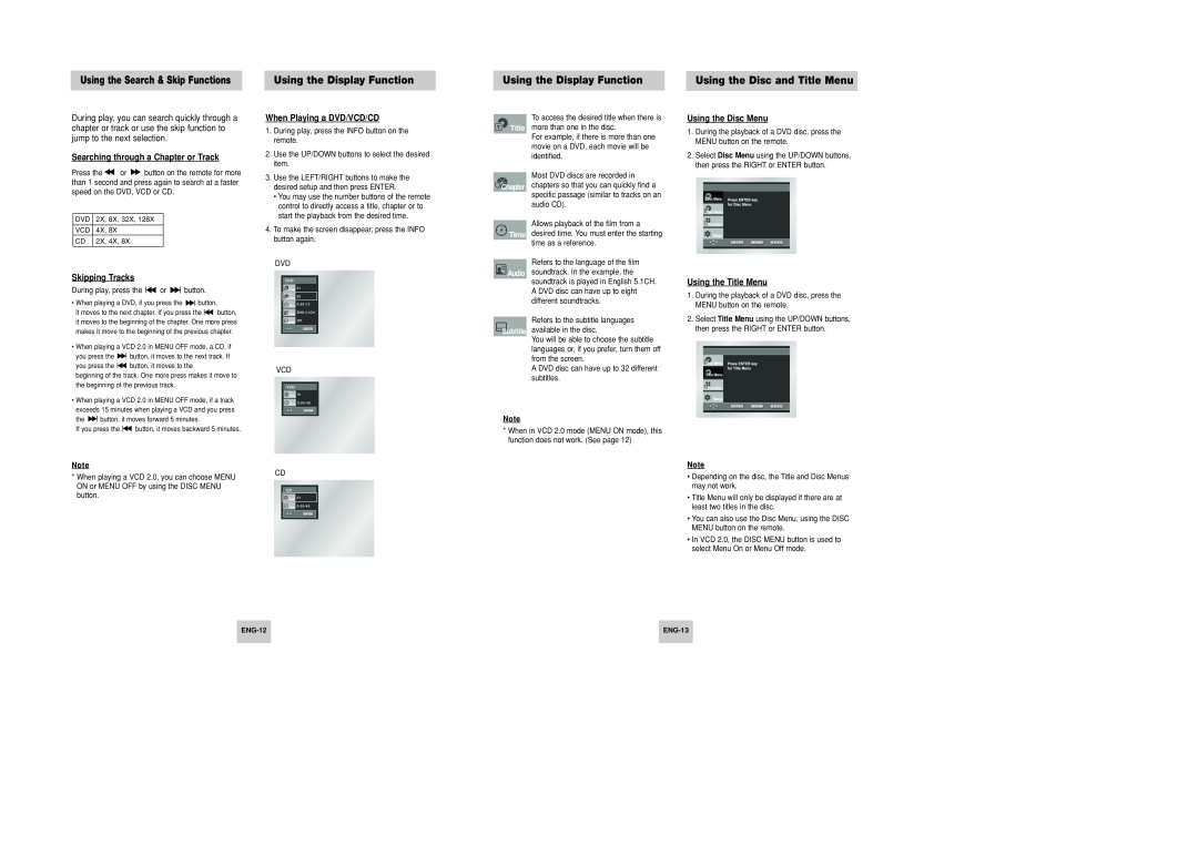Samsung DVD-P346 manual Using the Display Function, Using the Disc and Title Menu, Searching through a Chapter or Track 