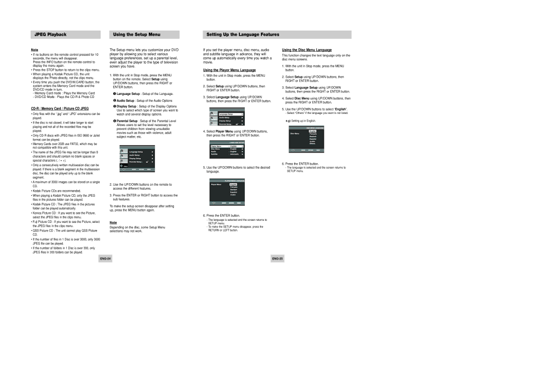 Samsung DVD-P346/UMG Using the Player Menu Language Using the Disc Menu Language, CD-R / Memory Card / Picture CD Jpeg 