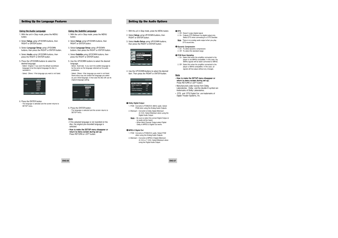 Samsung DVD-P346/XSG, DVD-P346/UMG manual Using the Audio Language, Using the Subtitle Language, Dts 