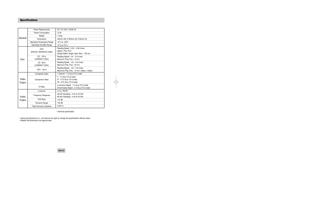 Samsung DVD-P346/UMG, DVD-P346/XSG manual Specifications 