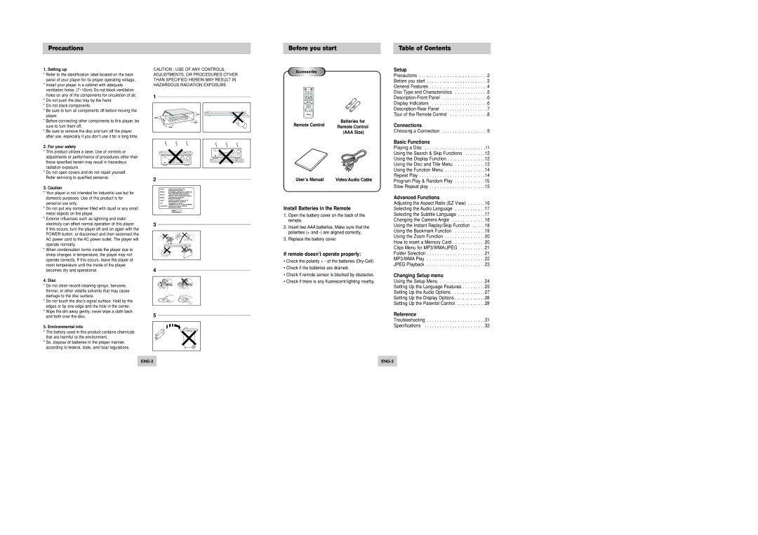 Samsung DVD-P346/XSG, DVD-P346/UMG manual Precautions, Before you start, Table of Contents 