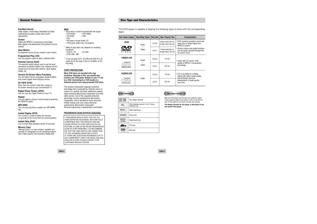 Samsung DVD-P346/UMG, DVD-P346/XSG manual General Features, Disc Type and Characteristics 