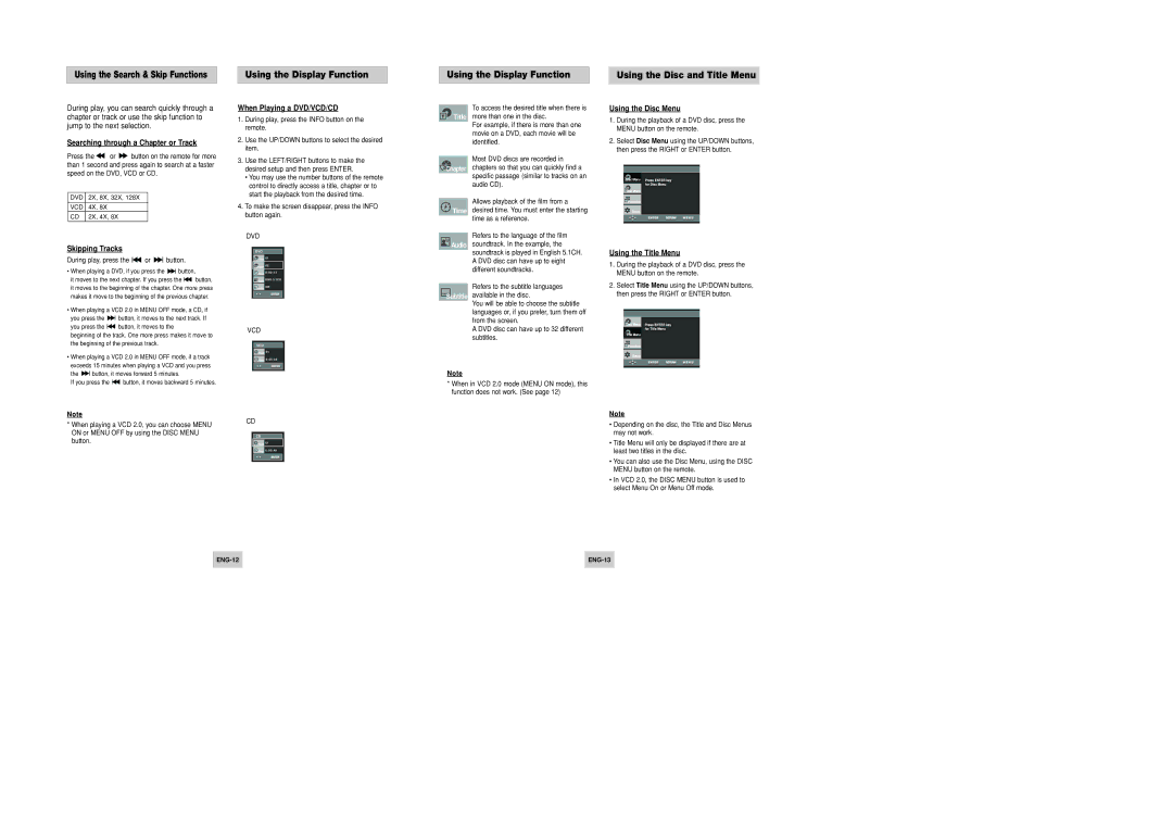 Samsung DVD-P346/UMG, DVD-P346/XSG manual Using the Display Function Using the Disc and Title Menu 