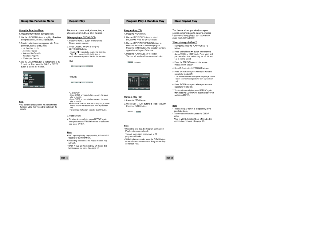 Samsung DVD-P346/XSG, DVD-P346/UMG manual Using the Function Menu, Program Play CD, Random Play CD, When playing a DVD/VCD 