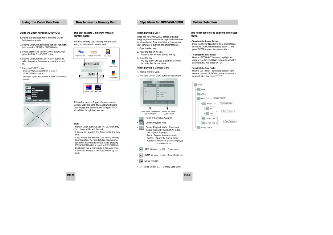 Samsung DVD-P348 manual Using the Zoom Function, Folder Selection 