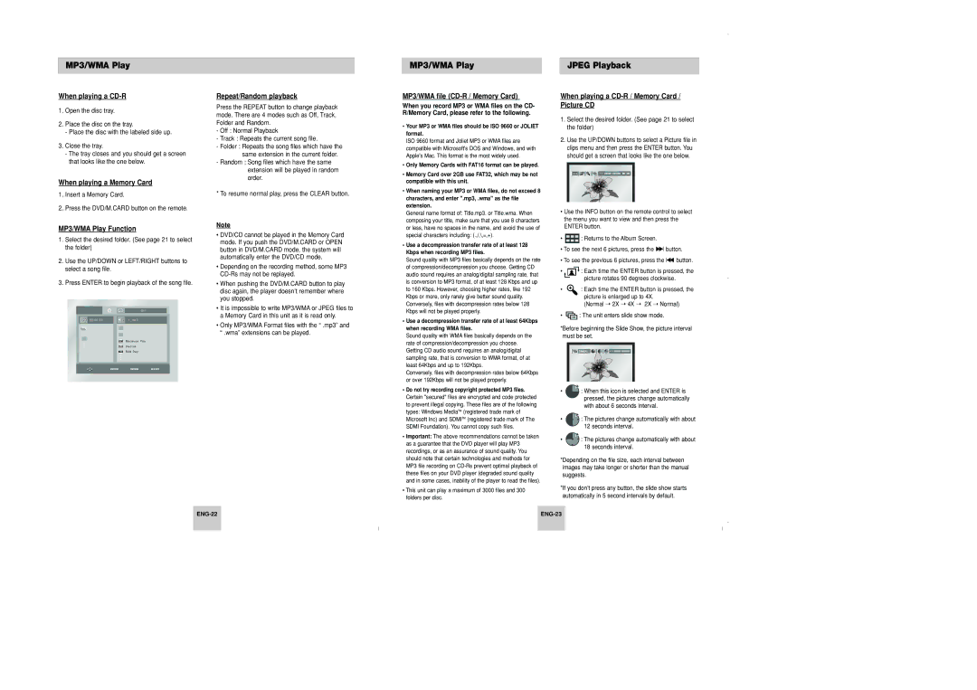 Samsung DVD-P348 manual MP3/WMA Play Jpeg Playback, MP3/WMA Play Function, Repeat/Random playback 