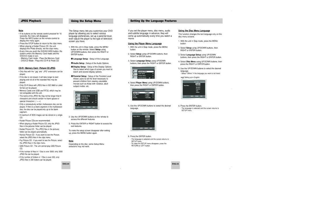 Samsung DVD-P348 manual Using the Player Menu Language, Using the Disc Menu Language, CD-R / Memory Card / Picture CD Jpeg 