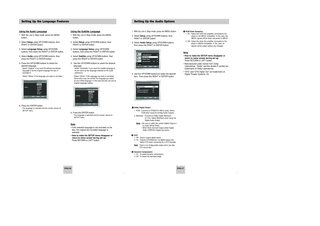 Samsung DVD-P348 manual Using the Audio Language, Using the Subtitle Language, PCM Down Sampling, Dolby Digital Output 