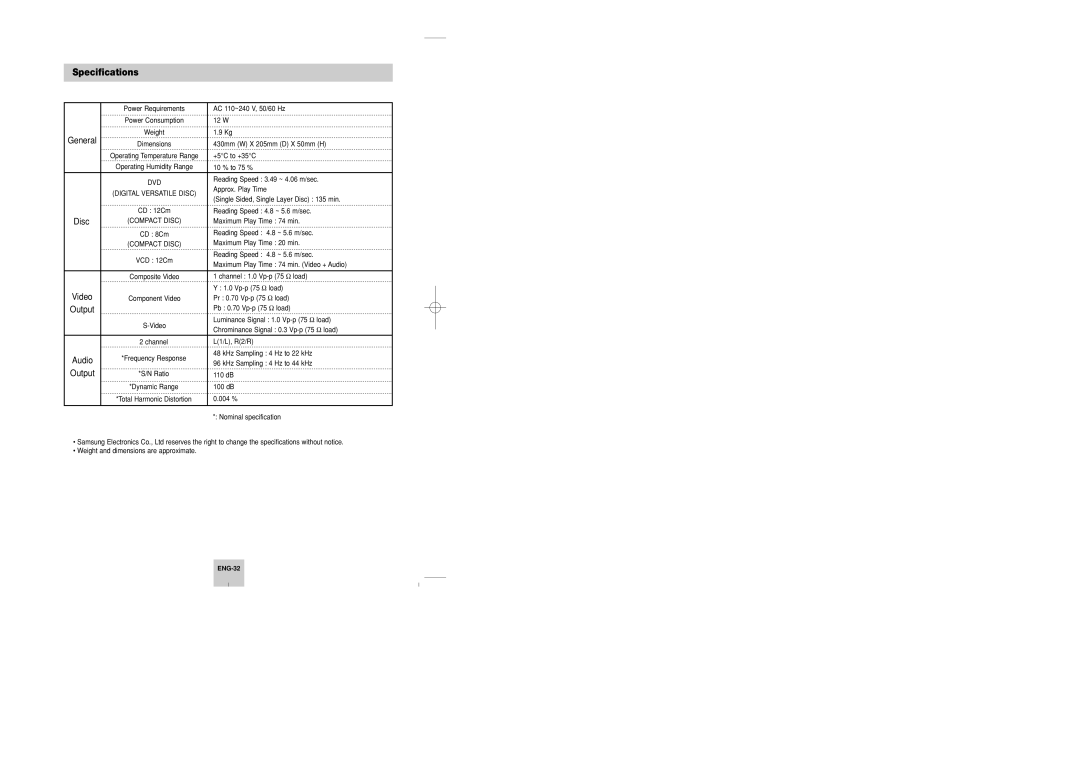 Samsung DVD-P348 manual Specifications 