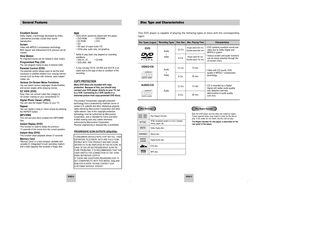 Samsung DVD-P348 manual General Features, Disc Type and Characteristics 